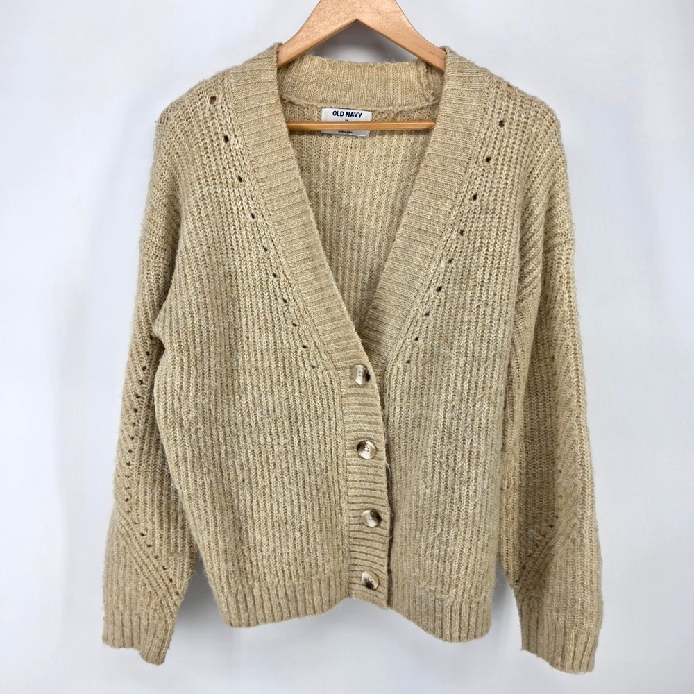 Old Navy Cardigan Sweater Women XS Tan Beige Go-Recycled Chunky V-Neck Button